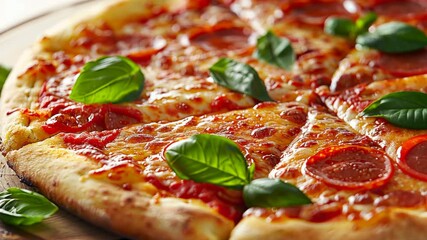 Delicious pepperoni pizza topped with fresh basil and melted cheese served hot and fresh from the oven