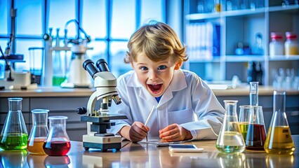 Curious young learner in a modern laboratory, surrounded by microscopes, beakers, and scientific equipment, engaged in hands-on experiment with enthusiasm and curiosity.
