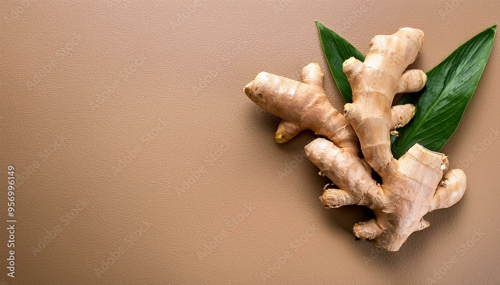 Wall mural Fresh ginger with green leaves on light pale brown background, flat lay. Space for text
