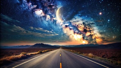 Fototapeta premium Dark asphalt road stretches into the distance, flanked by eerie darkness, under a celestial canvas of twinkling stars and a radiant, crescent moon.