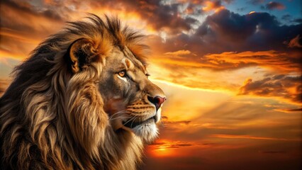Fototapeta premium Dark profile of a majestic lion's head set against a vibrant orange sunset, its regal features defined by the warm light and dramatic shadows.