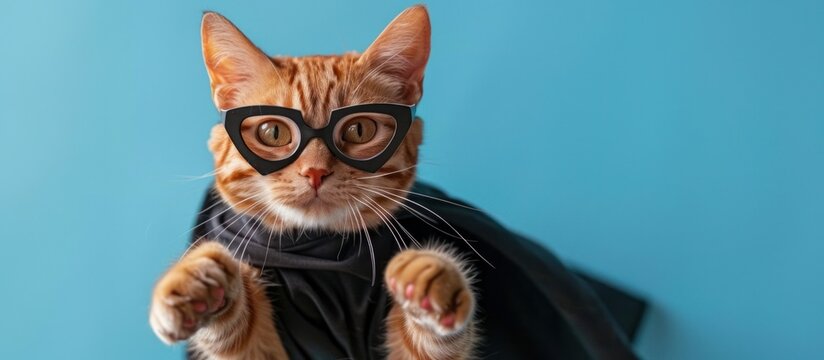 Adorable and heroic orange tabby cat wearing a black cloak and mask in an action packed flying pose isolated on a pastel turquoise background with copy space