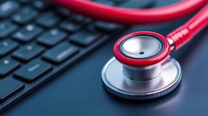 A close-up view of a stethoscope resting on a computer keyboard, symbolizing the integration of technology in healthcare.