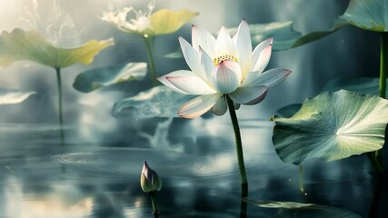 Serene lotus flowers bloom in tranquil pond surrounded by mist at dawn