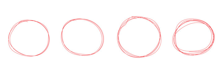 Hand drawn red crayon ovals and circles set. Ellipses in red pencil doodle style. Round freehand shapes, emphasis highlights. Red round rough thin frames. Vector elements for  Highlight vector icons. 