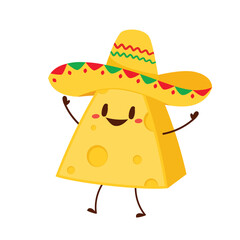 Cute happy cheese character. Funny food emoticon in flat style. Dairy emoji vector illustration.