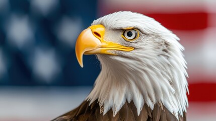 Naklejka premium A close up of an eagle with a flag in the background, AI
