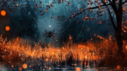 A black spider, ensnared in its web and illuminated by warm lights, surrounded by fallen autumn leaves. The scene evokes a sense of tranquility and mystery.