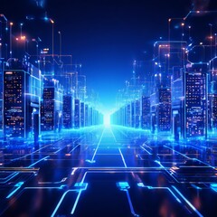 Naklejka premium futuristic city with glowing lights and neon lines