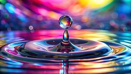 Delicate droplet of transparent water suspended amidst vivid macro elements, glistening with subtle refractions.