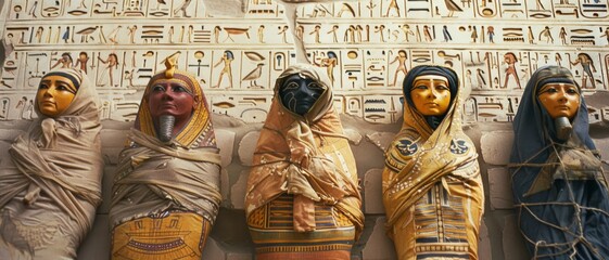 Five colorful, intricately wrapped ancient Egyptian mummies stand against a backdrop of hieroglyphs, preserving history and culture.