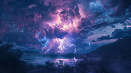 Captivating energy: Glowing lightning electrifies the night sky, casting an enchanting glow on the surrounding landscape. 