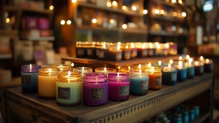 Colorful scented candles arranged on a wooden table in a cozy shop illuminated by warm lighting