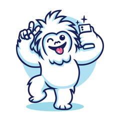 Illustration of Yeti Cartoon Vector Taking Selfie Using Smartphone while Posing and Smiling Cheerfully