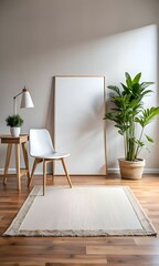 A light. airy living room with a white chair. lamp. and plant in a woven basket against a backdrop of a blank canvas frame.