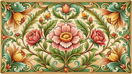 Delicate flower blooming within intricate art nouveau border, featuring vibrant petals and leaves with subtle texture, beautifully arranged amidst ornate details.