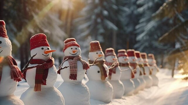 Row of smiling snowmen in hats and scarves brightens a snowy forest, creating a festive and cozy winter scene perfect for holiday greetings