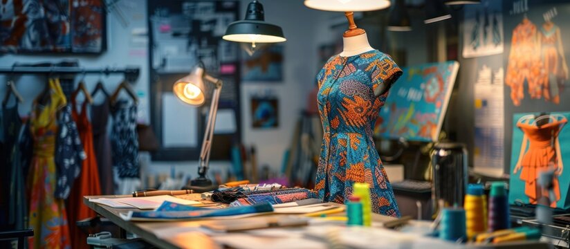 Overhead view of a fashion designer s desk showcasing sketches of clothing designs colorful fabric swatches sewing tools and a partially finished dress on a mannequin