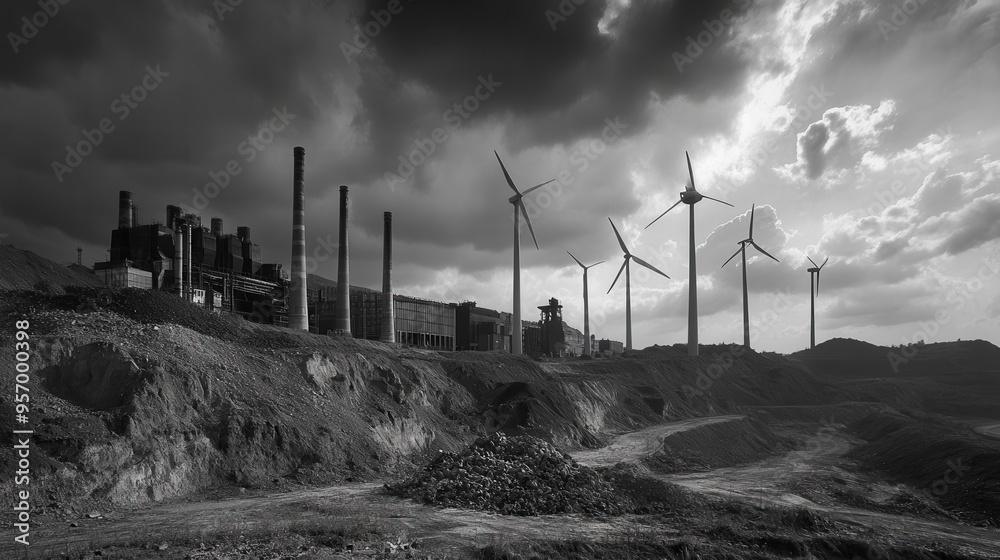 Aufkleber wind turbines stand in stark contrast to closed coal mines and old factories, highlighting the shift