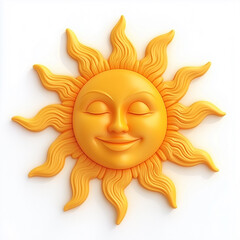Yellow 3d sun on white background. Sunny symbol with female face and curved rays. Realistic plastic style, decorative element of hot warming season