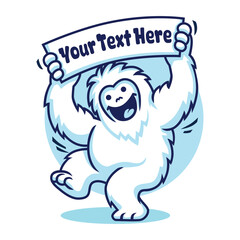 Yeti Cartoon Illustration holding a Banner Ribbon while Smiling Happily