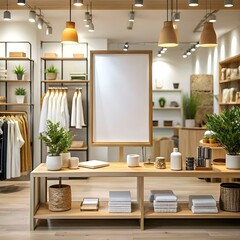 Fototapeta premium A stylish and modern retail store interior with a blank canvas sign. perfect for showcasing your brand or product.