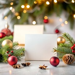 Obraz premium A blank card mockup featuring a festive Christmas tree branch. ornaments. and a blurred background of twinkling lights.