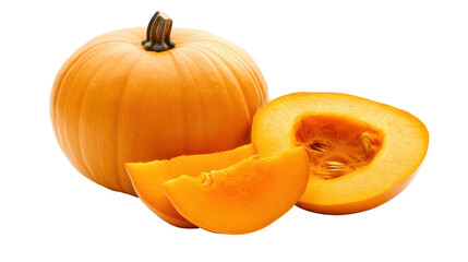 Obraz premium Fresh orange pumpkin with slices showcasing its vibrant color and texture 