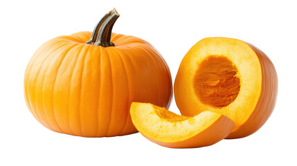 A whole pumpkin and a halved pumpkin with a slice, displaying the vibrant orange interior and ripe seeds. A classic autumn harvest image. 