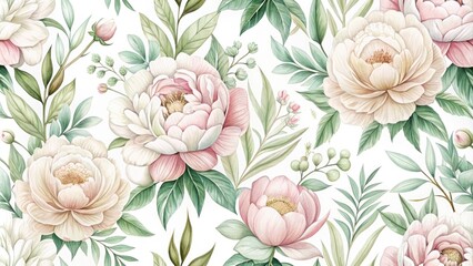 Delicate hand-drawn floral pattern featuring blooming peonies and minimalist abstract shapes, arranged in a beautiful symmetrical design with soft pastel colors on white background.