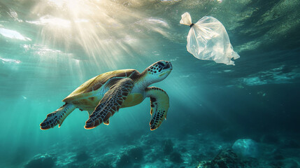 Obraz premium Sea Turtle Encounters Plastic Bag: A Stark Reminder of Ocean Pollution