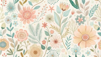 Obraz premium Delicate, hand-drawn floral patterns in pastel hues dance across a soft, creamy background, evoking a sense of whimsy and romance in this beautiful, dreamy illustration.