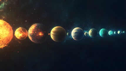 Planetary Alignment: The planets of the solar system aligned in a straight line, each one glowing with its unique color against the dark backdrop of space. 
