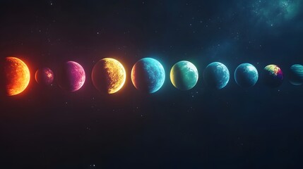 Planetary Alignment: The planets of the solar system aligned in a straight line, each one glowing...