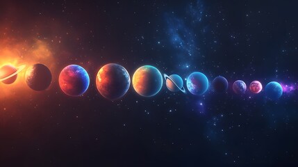 Planetary Alignment: The planets of the solar system aligned in a straight line, each one glowing with its unique color against the dark backdrop of space. 
