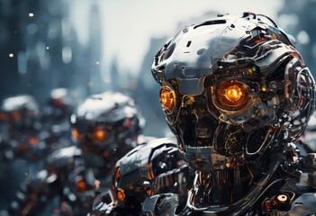 Fototapeta premium robot with glowing eyes standing in front city