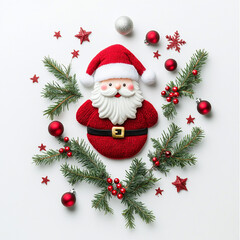 Obraz premium Square xmas christmas holiday banner or button. Santa Claus surrounded by tree branches and decoration. White background.