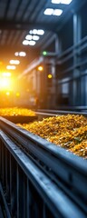 Industrial interior with illuminated conveyor belt carrying glowing materials, showcasing technology and production.