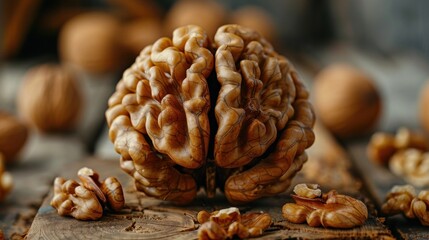 Obraz premium Closeup macro photograph showcasing the unique cerebral shape and intricate textured surface of whole walnuts set against a rustic earth toned backdrop These nourishing