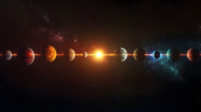 Planetary Alignment: The planets of the solar system aligned in a straight line, each one glowing with its unique color against the dark backdrop of space. 
