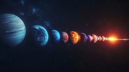 Planetary Alignment: The planets of the solar system aligned in a straight line, each one glowing...