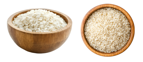 photo of uncooked brown rice in wooden bowls isolated background
