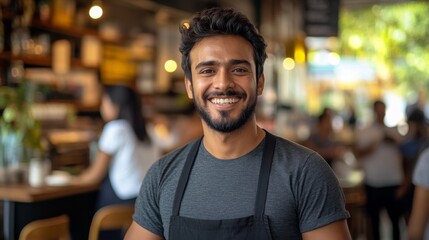 Fototapeta premium joyful young business owner casually posing stylish interior and satisfied customers in the background