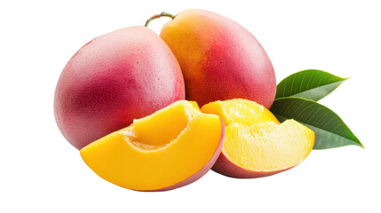 Fresh mangoes with vibrant yellow flesh and green leaves create delightful and juicy scene. 