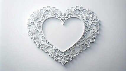 Delicate heart-shaped paper cutout with intricate edges and soft, rounded curves, centered on a crisp white background, symbolizing love, affection, and tender emotions.