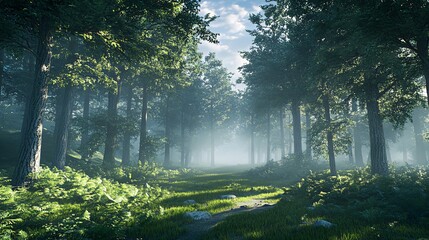 Obraz premium A path through a misty forest with tall trees and green foliage.