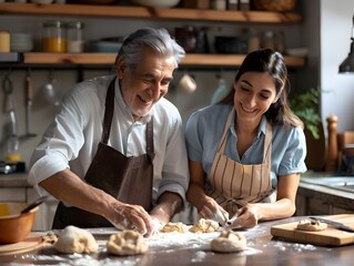 Caring Latin Father and Daughter Baking Cookies Together at Home
