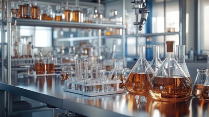 A well-equipped chemistry lab interior with a variety of instruments and glassware set up for experiments.