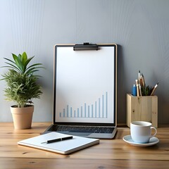 Clean and minimalist workspace featuring a laptop. clipboard. pen. and a cup of coffee.