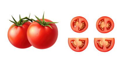 Fototapeta premium Fresh red tomatoes with green stems, whole and sliced, showcasing their juicy interior. Perfect for salads and cooking. 
